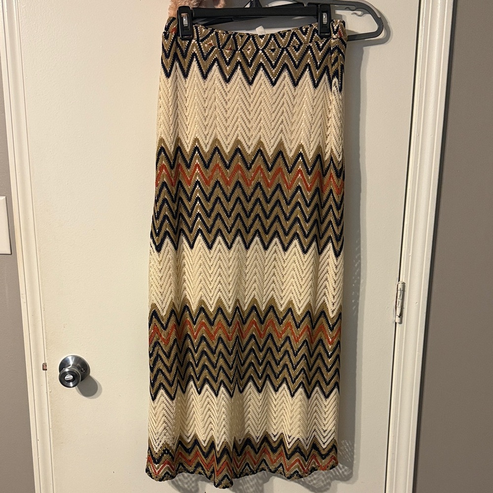 Tacera Cream Maxi Skirt with Navy and Rust Chevron Bands